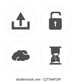 4 Upload, Cloud, Unlock, Hourglass modern icons on round shapes, vector illustration, eps10, trendy icon set.