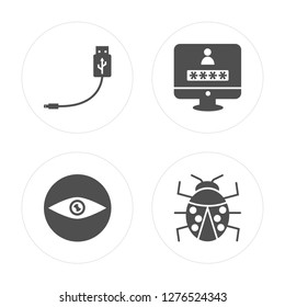4 Usb cable, Visibility, Password, Bug modern icons on round shapes, vector illustration, eps10, trendy icon set.