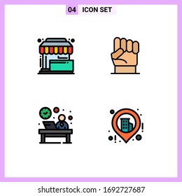 4 User Interface Filledline Flat Color Pack of modern Signs and Symbols of purchase; strength; store; hand; front Editable Vector Design Elements