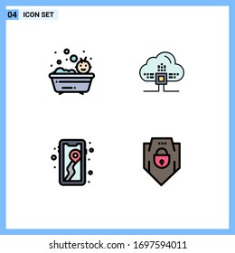 4 User Interface Filledline Flat Color Pack of modern Signs and Symbols of baby; location; shower; cloud; camping Editable Vector Design Elements