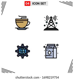 4 User Interface Filledline Flat Color Pack of modern Signs and Symbols of tea; global; cleaning; station; internet Editable Vector Design Elements