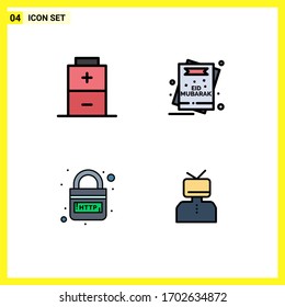4 User Interface Filledline Flat Color Pack of modern Signs and Symbols of battery; http; card; mubarak; link Editable Vector Design Elements