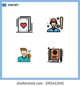 4 User Interface Filledline Flat Color Pack of modern Signs and Symbols of cards; fee; baseball; player; money Editable Vector Design Elements
