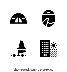 4 vacation icon set with tent, hotel and windsurf vector illustration for graphic design and web