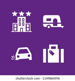 4 vacation icons in vector set. holiday suitcase, caravan, car and hotel illustration for web and graphic design