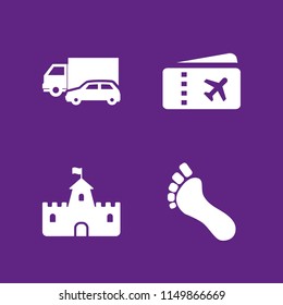 4 vacation icons in vector set. fortress, footprint, car and airplane ticket illustration for web and graphic design