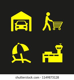 4 vacation icons in vector set. car, airport and sunbed illustration for web and graphic design