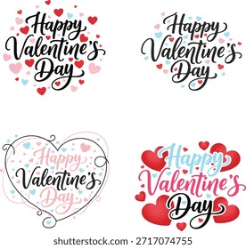 4 diseños de caligrafía de San Valentín; escritura audaz, corazones rosas, rojos, azules, florituras elegantes, fondo blanco, estilo moderno