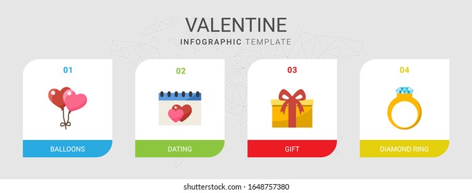 4 valentine flat icons set isolated on infographic template. Icons set with balloons, dating, gift, diamond ring icons.