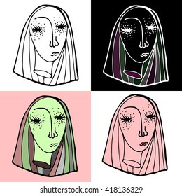 4 variants of severed head of blonde girl. Vector hand drawn illustration