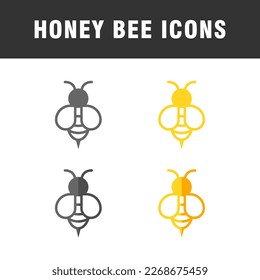 4 variations of honey bee icons isolated on white background. Honey bee icon for logo, symbol, and clip art. Golden honey bee icons.