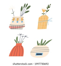 4 vases of different shapes and colors, house plant in a pot. Flat vector illustration