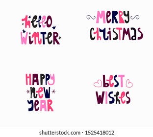 4 Vector 2020 New Year Greeting Cards. Bright Hand Lettering. Hello winter. Merry Christmas. Best wishes. Happy New Year