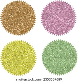 4 vector Barbie-style glitter badges in gold, soft pink, yellow and green color.  Ideal for a photo booth, background, and frame.