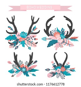 4 Vector boho floral composition - deer horns with arrow, colorful flower bouquets for wedding, anniversary, birthday, invitations, tribal native american symbol, bohemian, indian, DIY