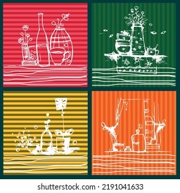 4 vector cute painting line art style on color background. Vector Illustration. File Eps 8