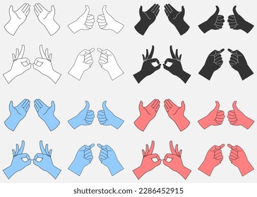 4 Gestos vectoriales de manos con guantes sintéticos de varias formas y cuatro colores