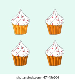 4 vector hand drawn cupcakes, isolated colorful sweets. Four muffins

