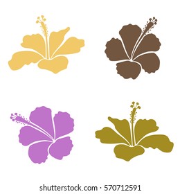 4 vector hibiscus flowers set. Pretty green, yellow and violet floral collection. Motlley hibiscus set.