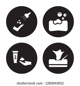 4 vector icon set : ablution, shaving gel, soap bar, Wipes isolated on black background