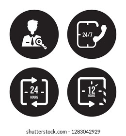 4 vector icon set : Administrator, 24 hours, 24/7, 12 hours isolated on black background