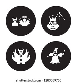 4 vector icon set : antagonist, myth, enchantment, fairy godmother isolated on black background
