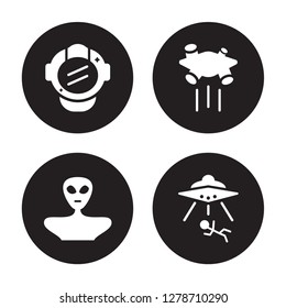 4 vector icon set : astranaut helmet, Alien, Asteroid, Abduction isolated on black background