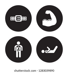 4 vector icon set : Athletic Strap, Anatomy, Arm, Abs isolated on black background