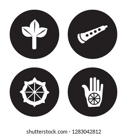 4 vector icon set : Bael tree, Dharma, Shehnai, Karma isolated on black background