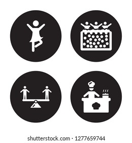 4 vector icon set : Ballerina, Balancing, Ball pit, Baking isolated on black background