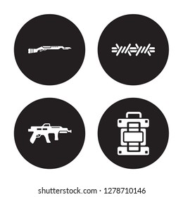 4 vector icon set : Bayonet On Rifle, Automatic Gun, Barbed, Army backpack isolated on black background