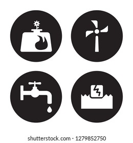 4 vector icon set : Biogas, Water tap, Wind turbine, energy isolated on black background