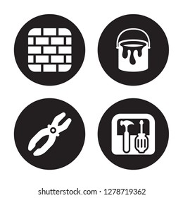 4 vector icon set : Birck Wall, Plier, Paint bucket, Toolbox isolated on black background