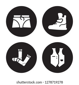4 vector icon set : Boxers, Sock, Sneaker, Waistcoat isolated on black background