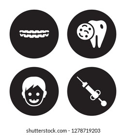 4 vector icon set : Braces, Baby dental, Bacteria in mouth, Anesthesia isolated on black background