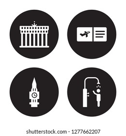 4 vector icon set : Brandenburg, Big ben, Boarding pass, beach Shower isolated on black background