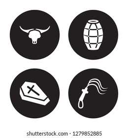 4 vector icon set : Bull skull, Wooden Coffin, Barrel, Whip isolated on black background