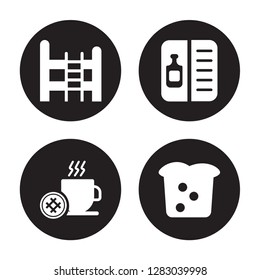 4 vector icon set : Bunk bed, Breakfast, Wine menu, Bread isolated on black background