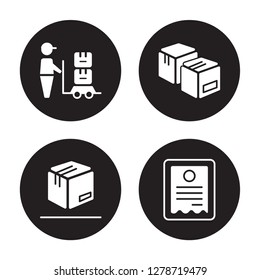 4 vector icon set : Cargo, Box, Boxes, Bill isolated on black background