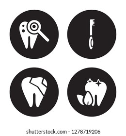4 vector icon set : Caries, Broken tooth, Brushing teeth, Breath isolated on black background