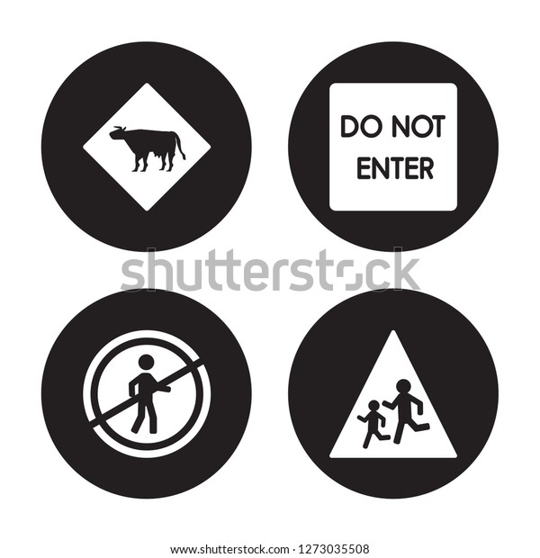 4 vector icon set : cattle, pedestrian\
prohibited, straight prohibitor no entry, school ahead isolated on\
black background