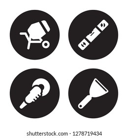 4 vector icon set : cement mixers, Polishers, Plumb rule tool, Putty knife isolated on black background