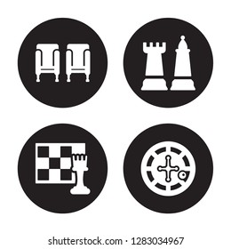 4 vector icon set : Cinema seat, Chess, Chess piece, Casino isolated on black background