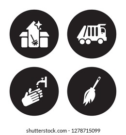 4 vector icon set : Cleaning House, Hand wash, Garbage truck, Duster isolated on black background