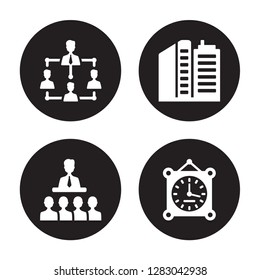 4 vector icon set : company Structure, Coaching, Company, Clock isolated on black background