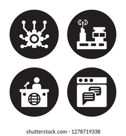 4 vector icon set : Connection, News reporter, Radio antenna, Text lines isolated on black background