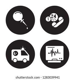 4 vector icon set : Contraceptive pills, Cardiogram, Condom, Caduceus isolated on black background