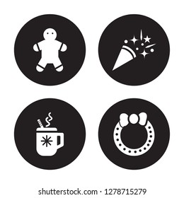 4 vector icon set : Cookie, Cocoa, Confetti, Christmas wreath isolated on black background