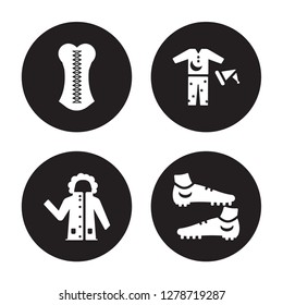 4 vector icon set : Corset, Parka, Pijama, Soccer shoe isolated on black background