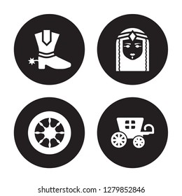 4 vector icon set : Cowboy Boot, Cart Wheel, Cleopatra, Carriage isolated on black background